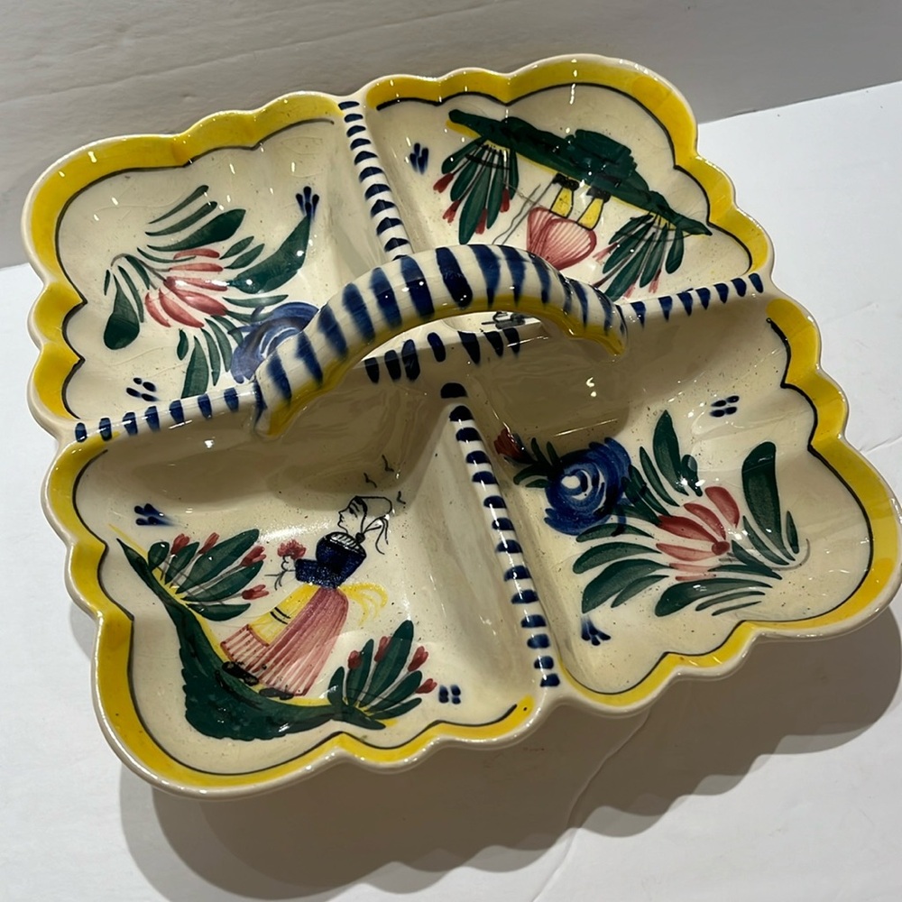Vintage French Henroit  Quimper divided serving dish with scalloped edge& handle